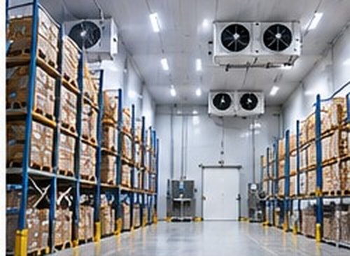 Cold storage warehouse interior with pallet racking and ceiling-mounted cooling units